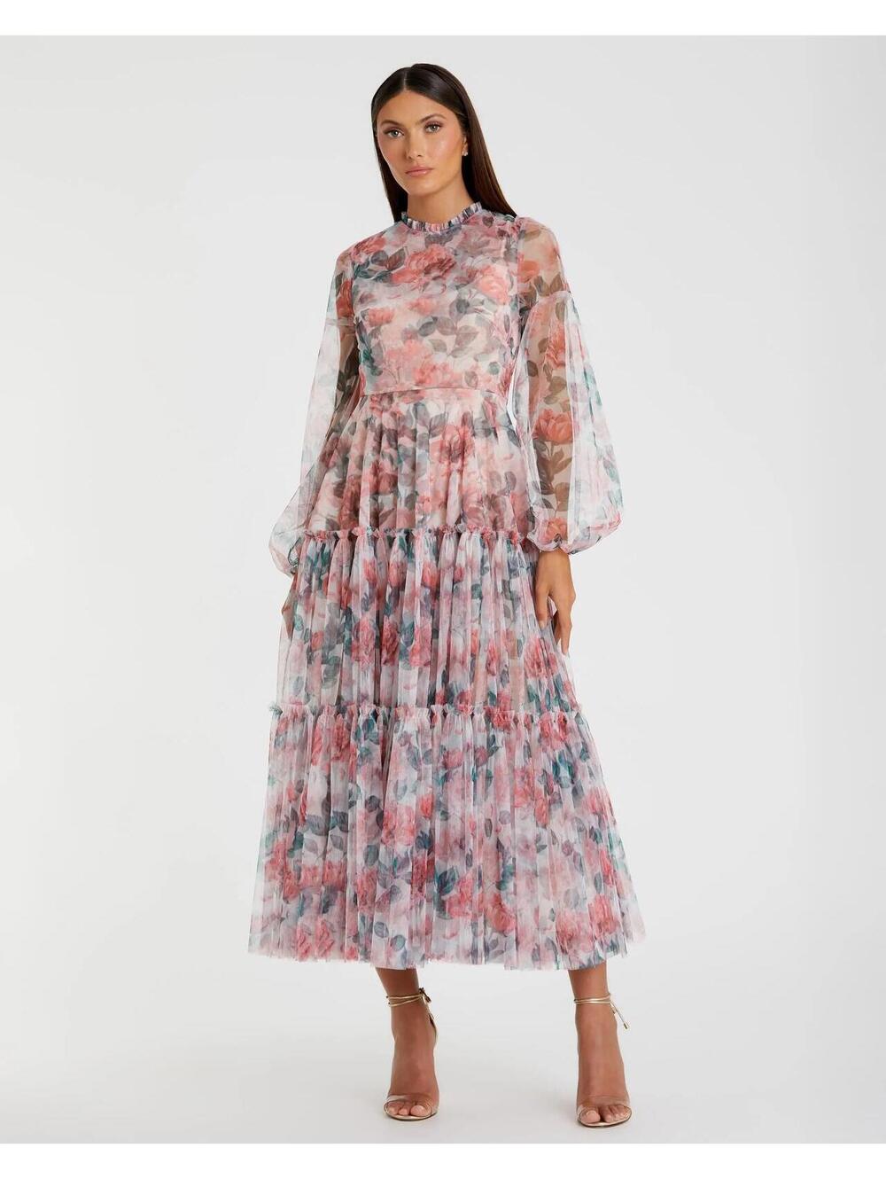 $458 NWT MAC DUGGAL Floral Roses Tiered Midi Maxi Dress Size 6 #11405 Small